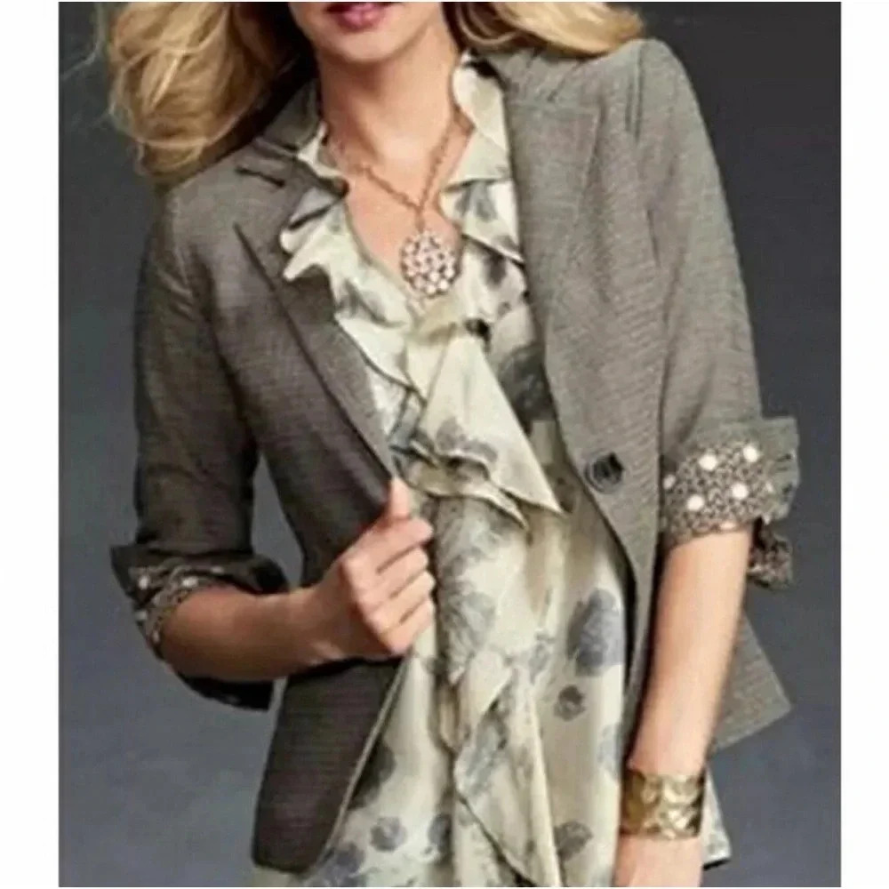 CAbi Tweed Suit:Jacket (Sz 8)&Pants (Sz 6) Gray Crop Ruched Sleeve Blazer Career